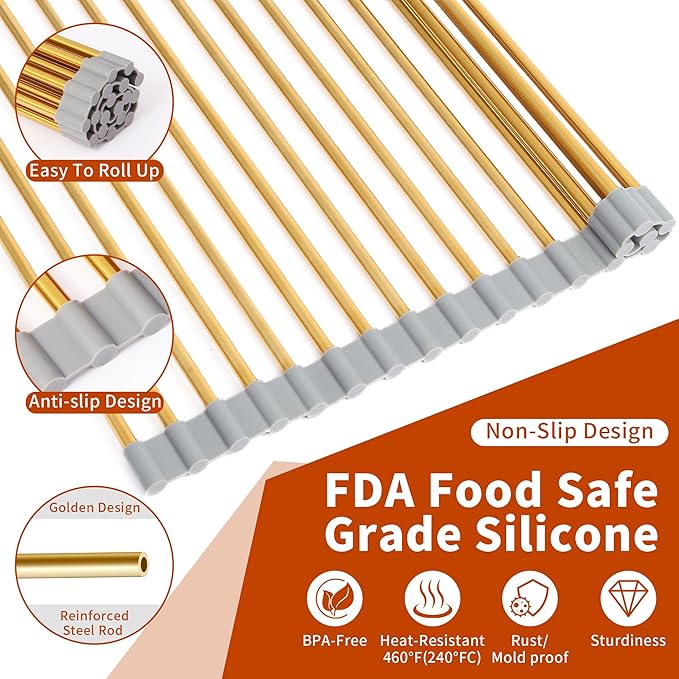 Golden Roll-UP Dish Drying Rack-Large Stainless Steel Dish Drainer Over The Sink for Kitchen Countertop, Applicable for Sink Width Less Than 16.5in (Gold,17.8'x 15.7')
