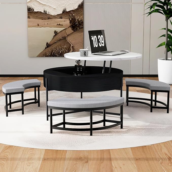 Modern Round Lift-Top Coffee Table with Storage & 3 Ottoman for Living Room White & Black