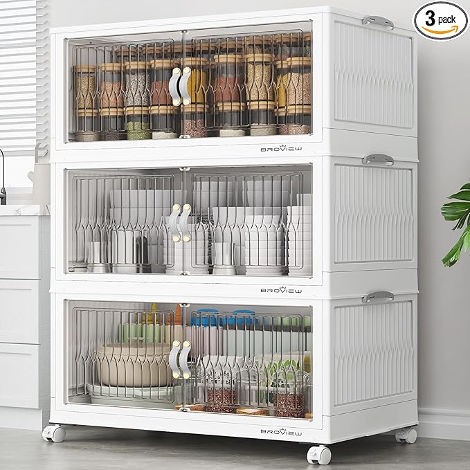 360Qt Stackable Storage Bins with Lid, Extra Large Closet Organizer Collapsible Drawer Boxes with Wheels, Folding Plastic Cabinet Containers for Home Kitchen Room Organization, 3Pack White