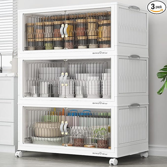 360Qt Stackable Storage Bins with Lid, Extra Large Closet Organizer Collapsible Drawer Boxes with Wheels, Folding Plastic Cabinet Containers for Home Kitchen Room Organization, 3Pack White
