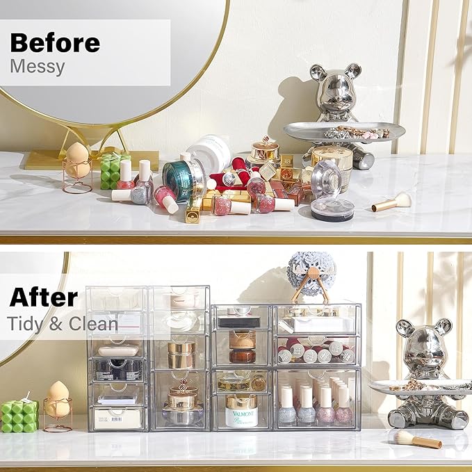 Prsildan Acrylic Drawer Organizer with 17 Drawers, Craft Office Desk Makeup Organizers Accessories, Set of 4 Clear Stackable Storage Drawers for Vanity, Countertop, Jewelry, Art Supply Organization-NeatNest