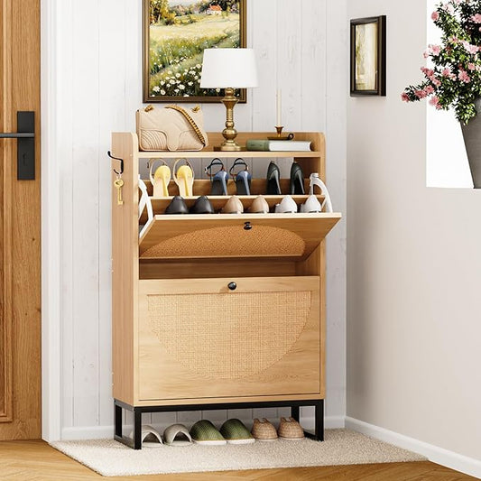 Shoe Cabinet with 2 Flip Drawers, Natural Rattan Freestanding Shoe Cabinet Storage for Entryway, Slim Shoes Organizer with Metal Legs, Narrow Shoe Rack Cabinet for Hallway (2 Flip Drawers, WOOD)-NeatNest