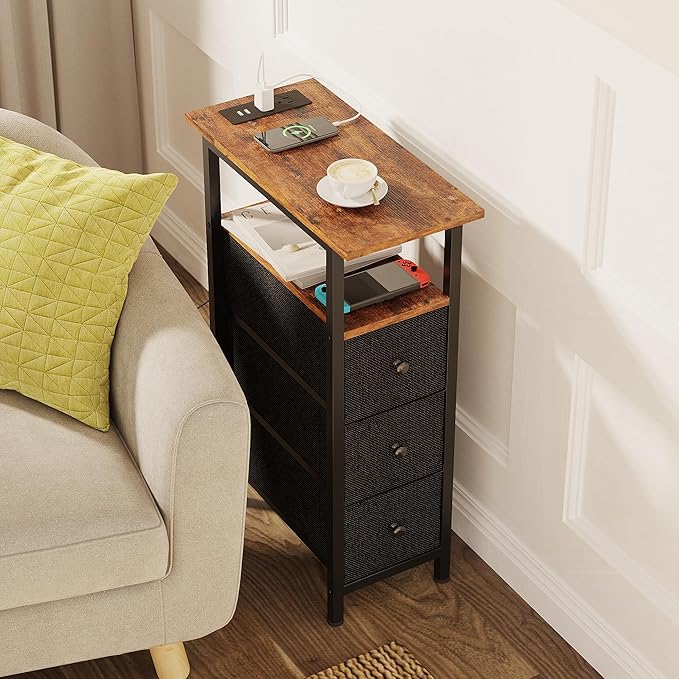 End Table with Charging Station, Narrow Side Table with 3 Fabric Drawers, Skinny Nightstand with LED Light, Slim Bedside Table for Bedroom, Living Room, Small Spaces, Rustic Brown and Black