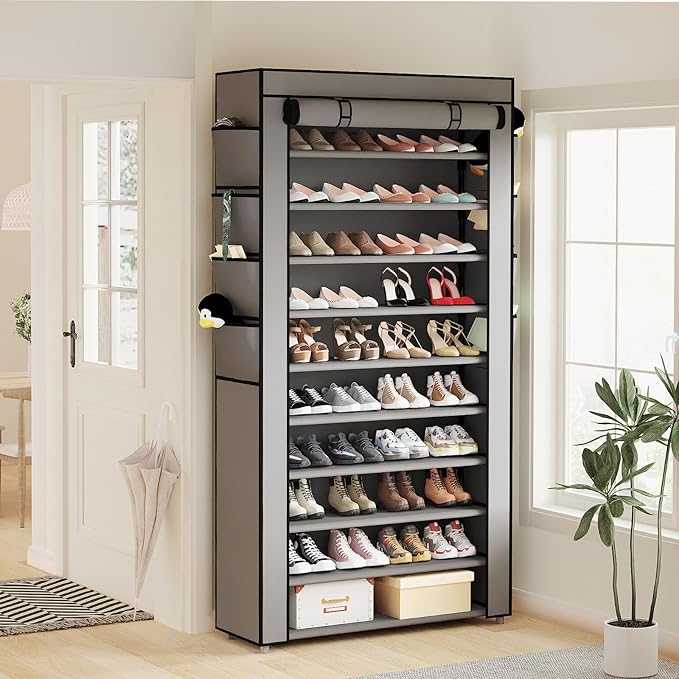 Mavivegue Shoe Rack with Cover, 10 Tier Tall Shoe Storage for 50-55 Pairs of Shoes, Shoe Organizer for Entryway, Closet, Garage, Grey-NeatNest