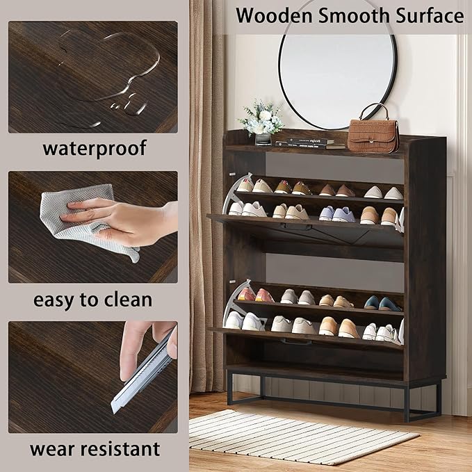 Hidden Shoe Storage Cabinets with 2 Flip Drawers and Metal Legs, Freestanding Narrow Shoe Organizer Rack for Entryway, Rustic Brown-NeatNest