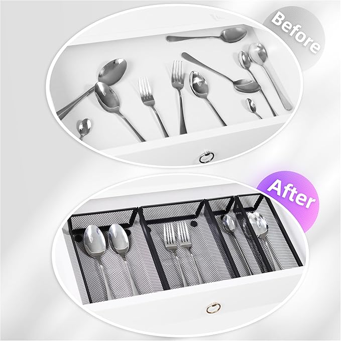 ihomecooker Mesh Tray Silverware Drawer Organizer, Utensil Cutlery Tray Office Supplies with Interlocking Arm Drawer Dividers Organizer for Flatware, Knives,Home,Office, School,Bedroom 9X6＂Black-NeatNest
