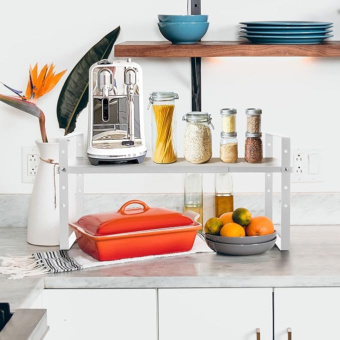 Expandable Cabinet Shelf Organizer Rack, Stackable Kitchen Counter Storage Shelves Stand, Adjustable Height Pantry Shelf Spice Rack (White, 1 Pack)-NeatNest
