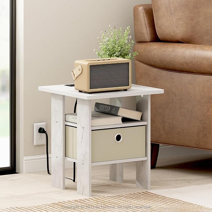 Furinno Andrey USB and Type-C Port Charging Station End Table with Storage Bin, 15.55 (W) x 12.56 (H) x 8.5 (D) inches, Marble White/Ivory