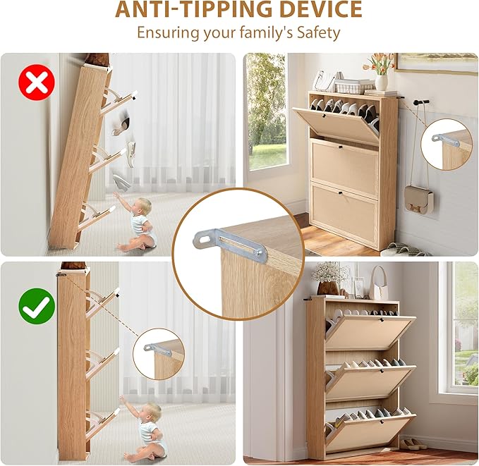 AVZEAR Narrow Shoe Storage Cabinet for Entryway with Natural Linen Panel, Freestanding Slim Shoe Cabinet with 3 Flip Drawers, Wood Shoe Organizer Closed Shoe Rack for Hallway, Living Room(Natural)-NeatNest