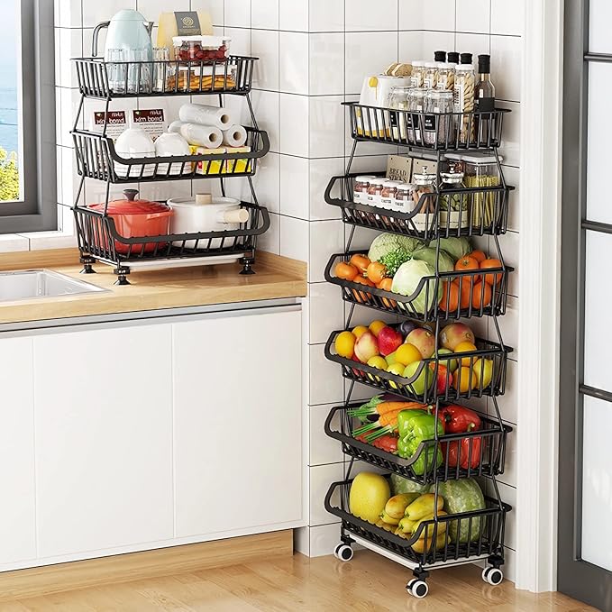 MURRI&MURRDI Fruit Vegetable Storage Baskets with Wheels, 6 Tier Stackable Wire Storage Baskets with Wheels Produce Basket for Kitchen Rack Storage Cart for Pantry Snack Cart (A Black 6 Layer)