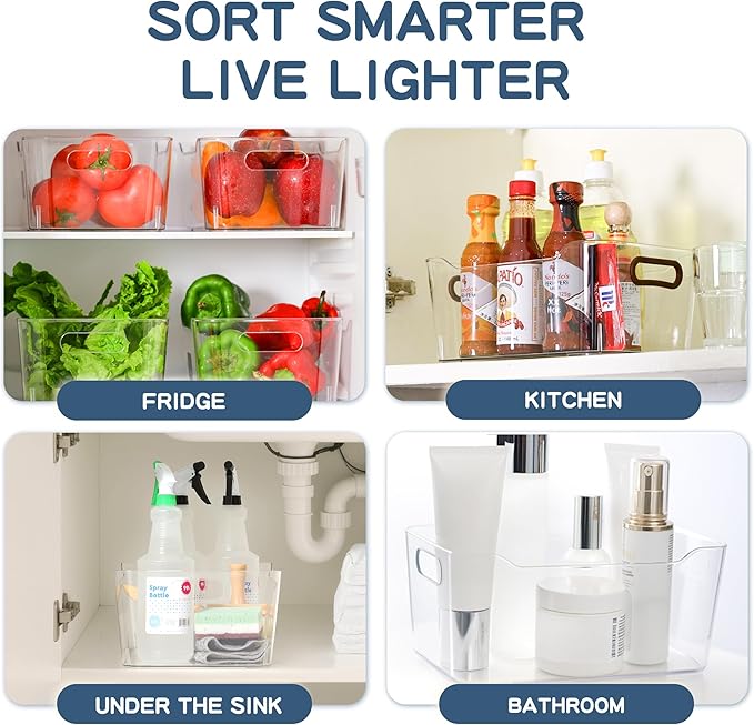 Clear Plastic Storage Bins 8 Pack with 16 Soft Silicone Handles, Organizer Bins for Home & Kitchen, Storage Containers for Pantry, Fridge, Laundry, Bathroom, Classroom-NeatNest