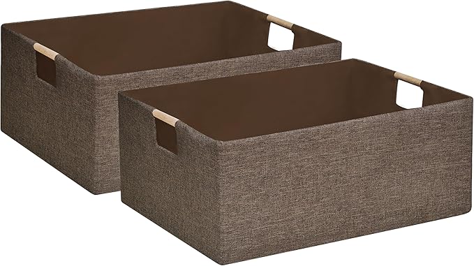 Collapsible Storage Box 16.9"x12.5"x7" with Wooden Handles | Foldable Organizer for Closet, Shelves, Toys & Cosmetics | Durable Linen-Polyester Fabric | Space-Saving Home Organization 2Pack-NeatNest