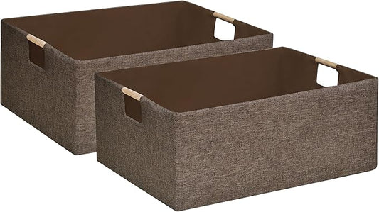 Collapsible Storage Box 16.9"x12.5"x7" with Wooden Handles | Foldable Organizer for Closet, Shelves, Toys & Cosmetics | Durable Linen-Polyester Fabric | Space-Saving Home Organization 2Pack-NeatNest