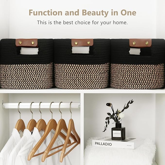 Cotton Rope Basket , Storage Baskets with Handle, 15x10x9 Inch Woven Basket for Shelves, Laundry, Towels, Clothes, Books, Toys (Black Brown 2 Pack)-NeatNest