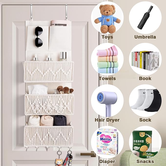 ANTIS'S HOME Over The Door Organizer Boho Bedroom Decor Nursery Storage with 3 Large Woven Pockets, Macrame Nursery Organizers and Toys Storage, Behind Door for Bathroom, Beige Back of Door Organizer-NeatNest
