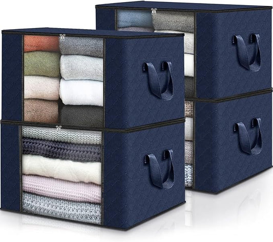 Fab totes 4 Pack Clothes Storage, Foldable Thick Fabric Blanket Storage Bags, Containers for Organizing Bedroom, Closet, Clothing, Comforter,Closet Organization with Handle,Blue-NeatNest