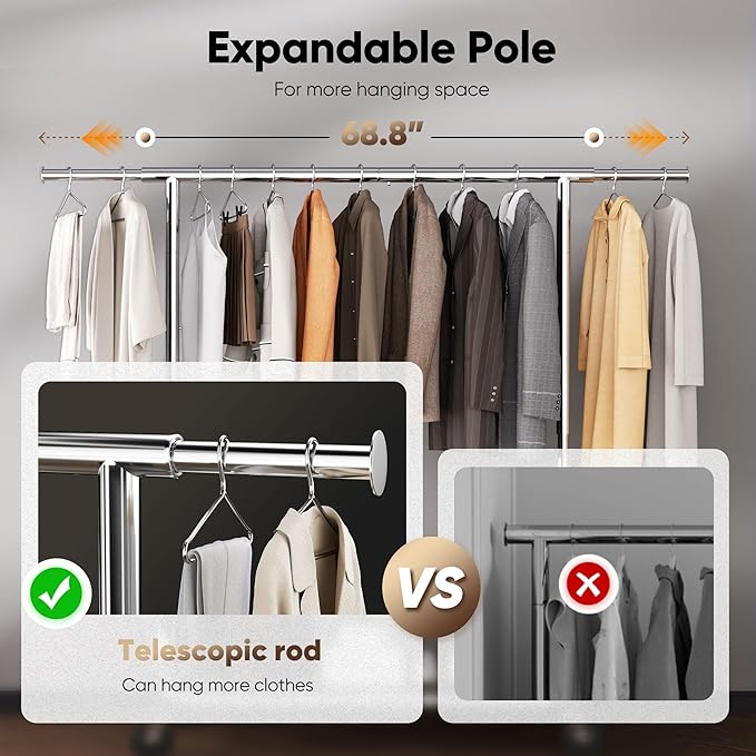 HOKEEPER Clothing Racks for Hanging Clothes Rack Heavy Duty Garment Rack, Portable Clothes Rack with Lockable Wheels, Adjustable Clothing Rack for Bedroom, Living Room