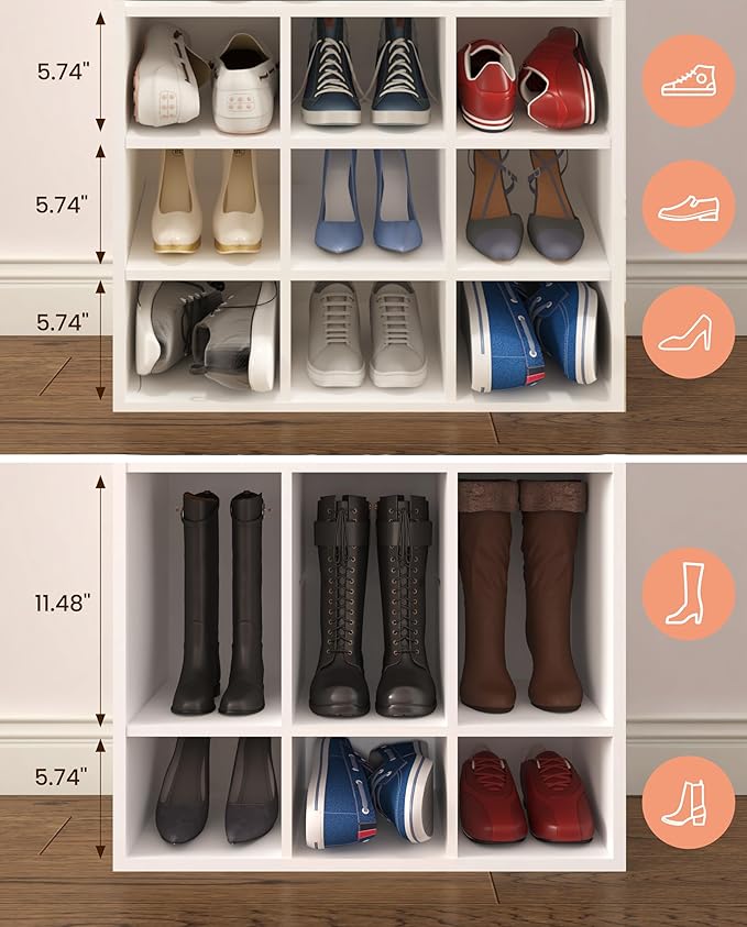 HAIOOU Shoe Cubby, 9-Cube Stackable Wood Shoe Rack Organizer 5-Tier Freestanding Wooden Shoe Stand with 2 Storage Shelf for 10-15 Pairs, Ideal for Apartment, Entryway, Closet Organization - White-NeatNest