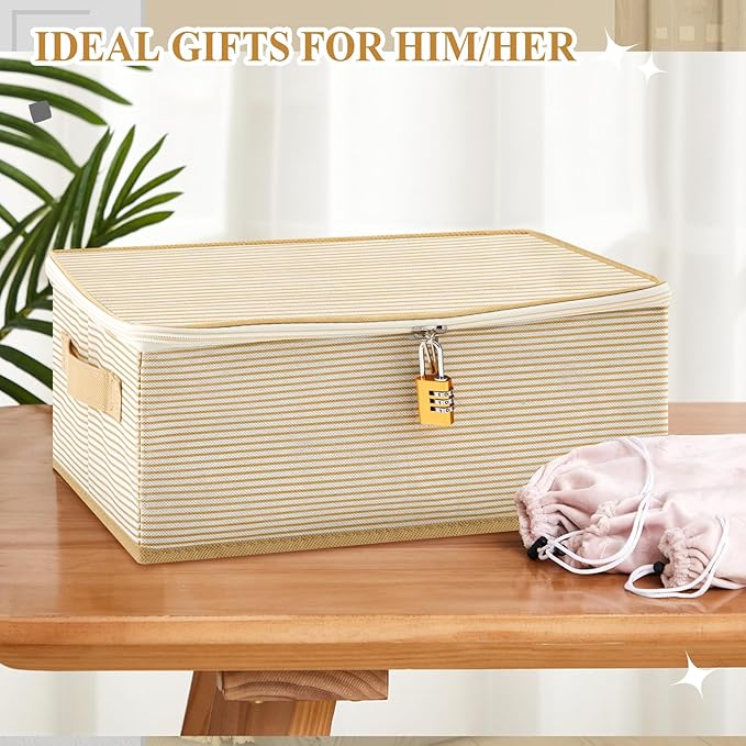 Discreet Lockable Adult Toy Storage Organizer Adult Toy Bag Storage Bins Case with Zipper Lid 15 x 10 x 5.9 Inches for Women and Men Clothes Container(Gold Stripes)-NeatNest