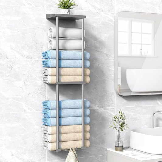 Towel Rack Storage for Bathroom, Wall Mounted Vertical Rolled Towel Organizer Holder with Shelf, Holds Up 6 Large Bath Sheets, Silver Grey