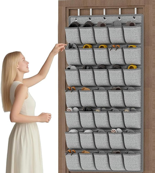 35 Pockets Over the Door Shoe Organizer, Hanging Door Shoe Rack for Closet, Large Shoe Storage Holder Zapateras Organizer for Shoes (Black)-NeatNest