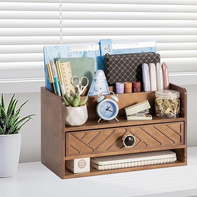 Brown Wood Desk Organizer and Accessories with Drawer, Bill Mail Organizer and File Mail Holder for Office Supplies, Desk Accessories & Workspace Organizers-NeatNest