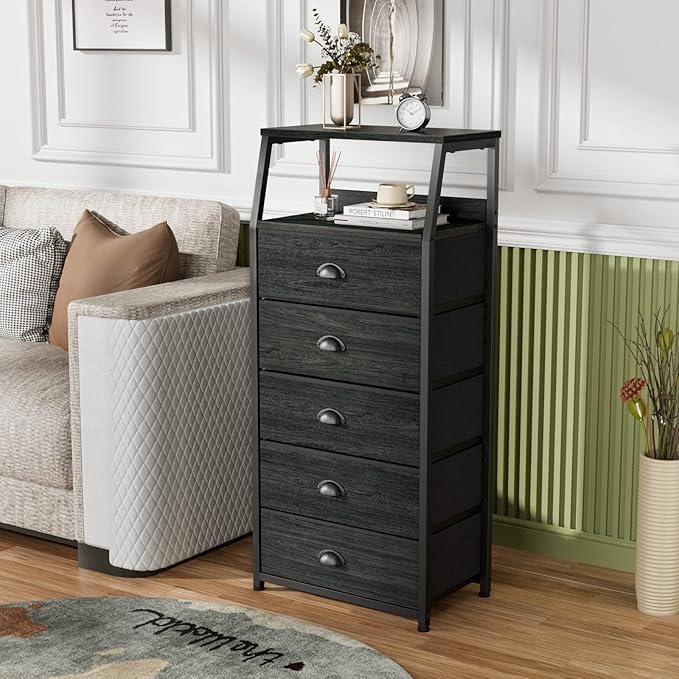 Furnulem Black Dresser with 5 Drawers, Vertical Storage Tower Fabric Dresser for Bedroom, Hallway, Entryway, Nursery, Closet Organizer, Nightstand Bedside Table Furniture, Sturdy Steel Frame, Wood Top-NeatNest