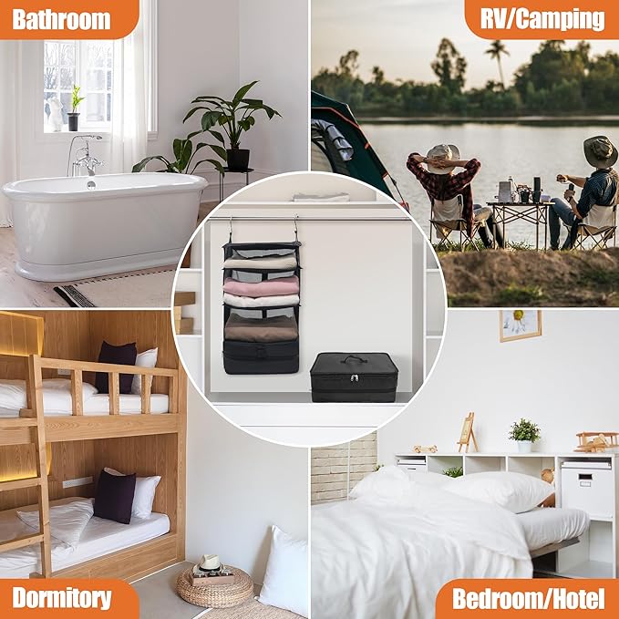 Caroeas Portable Hanging Travel Shelves Bag Suitcase Organizer Carry-on Closet Packing Cubes for Travel, 3-Shelf Suitcase Closet with 2 Hooks, Large Capacity, Black-NeatNest