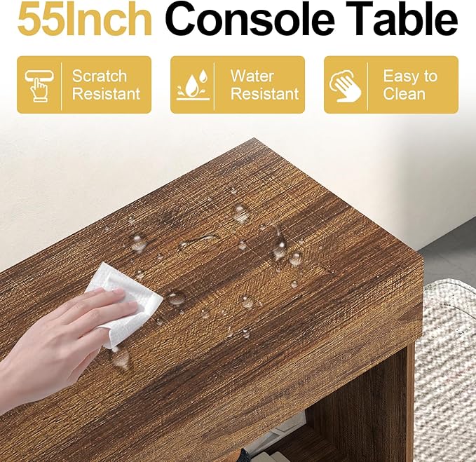 55 Inches Console Table,4 Cubes Narrow Entryway Table,3 Tier Wood Behind Couch Sofa Table,TV Console with Storage for Living Room,Hallway,Entrance,Foyer (Striped Brown)-NeatNest