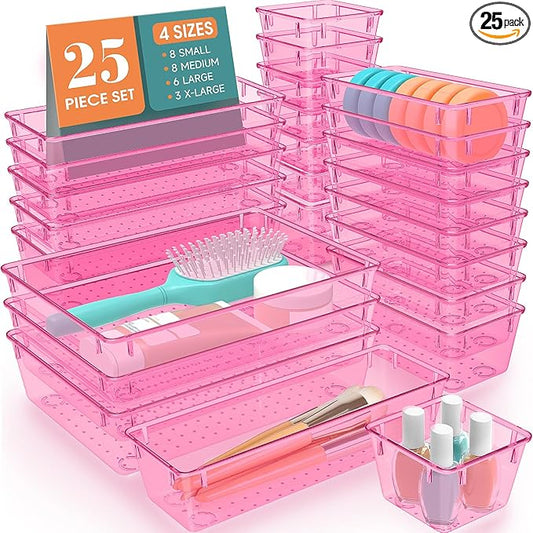 25 PCS Plastic Drawer Organizer Set, 4-Size Versatile Organizer Trays & storage Bins for Makeup, Jewelry, and Gadgets in Bathroom, Bedroom and Office, Clear Pink-NeatNest