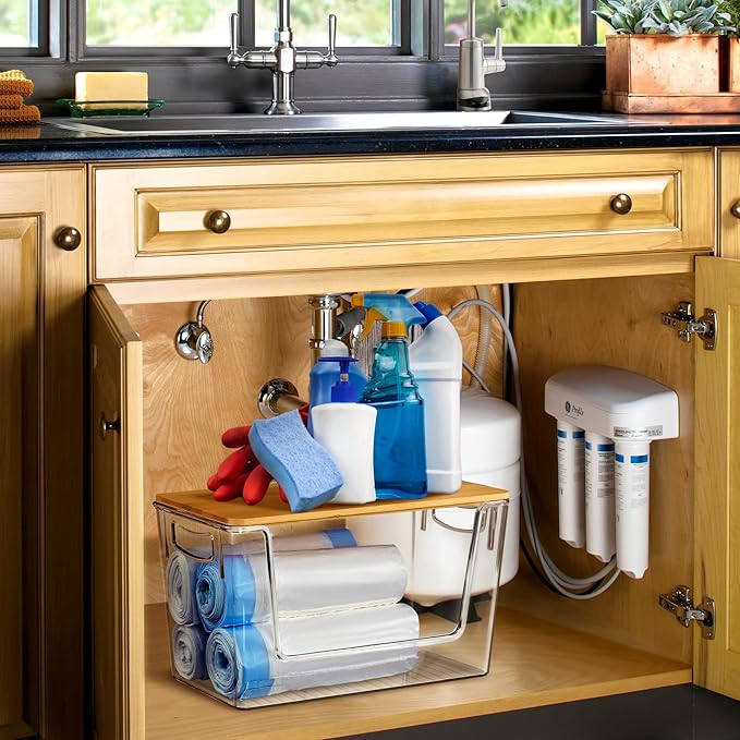Acrylic Paper Towel Holder with Bamboo Lid, Kitchen Under Sink Organizers and Storage Trash Bag Holder Dispenser