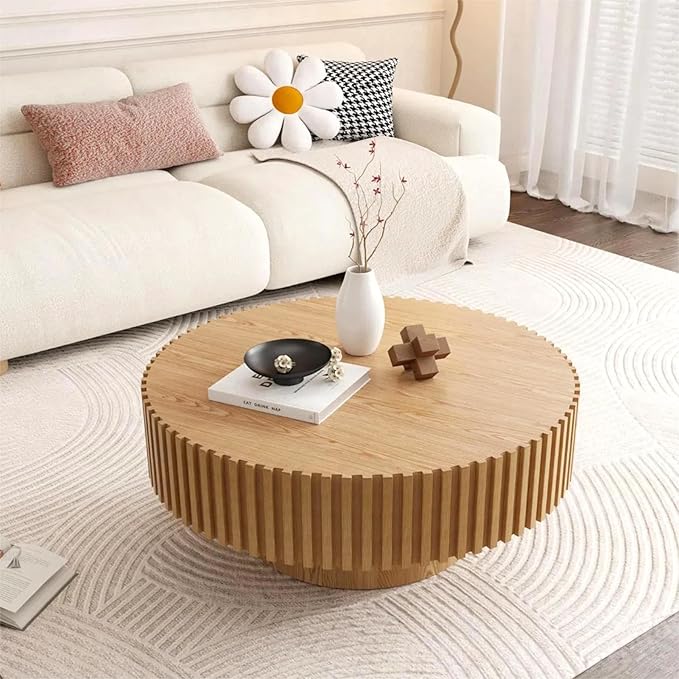 KEVINSPACE Round Coffee Table Wood, Drum Coffee Tables for Living Room Mid Century Modern CoffeeTable Fluted CircleCoffeeTable Accent Small Center Table Easy Assembly Light Wood Oak