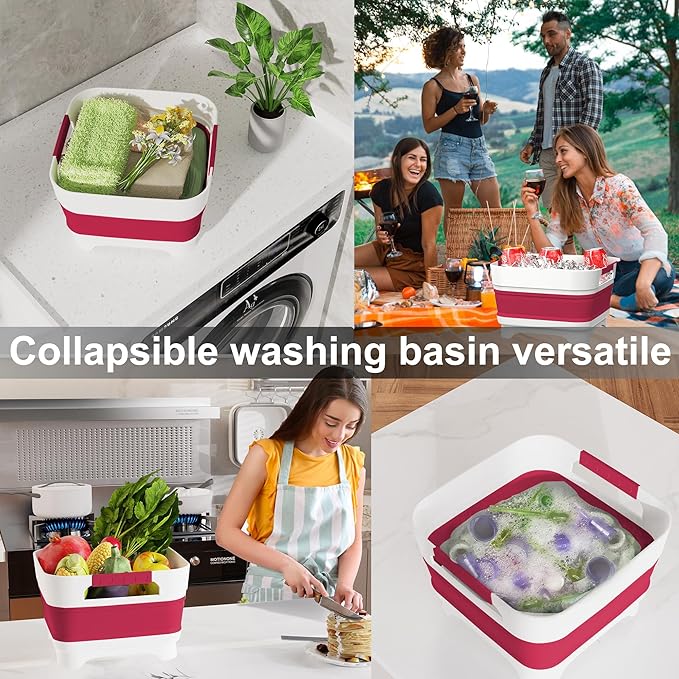 2.4 Gal Collapsbile Wash Basin with Drian Plug,9L Dish Pan for Soaking Baby Bottles,Portable Sink, Multiuse Foldable Bucket,Ice Beverage Tubs for Camping, Vegetable Washing, RV (Viva Magenta)-NeatNest
