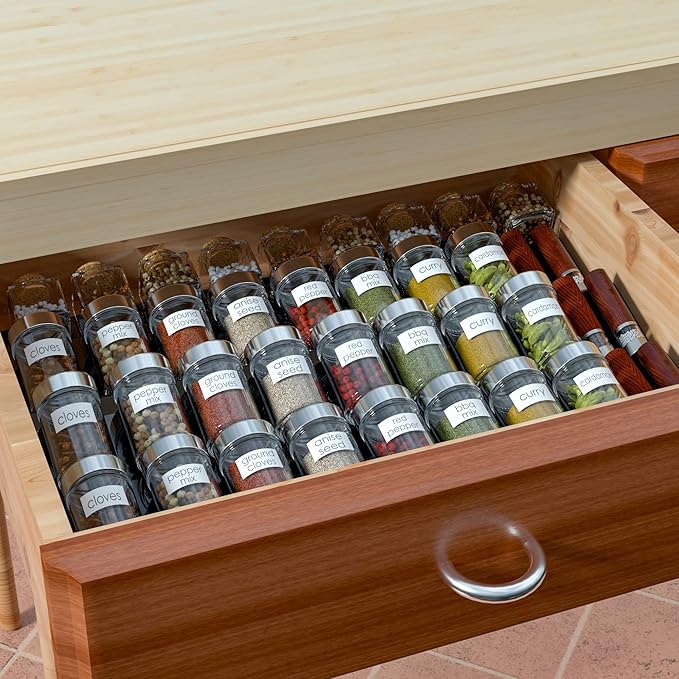 Acrylic Spice Drawer Organizer Rack Adjustable From 12 Inch to 24 Inch Wide, 4 Tier Spice Organizer Shelf for Kitchen Drawer Display, Kitchen Spice Rack Tray for Drawer-NeatNest