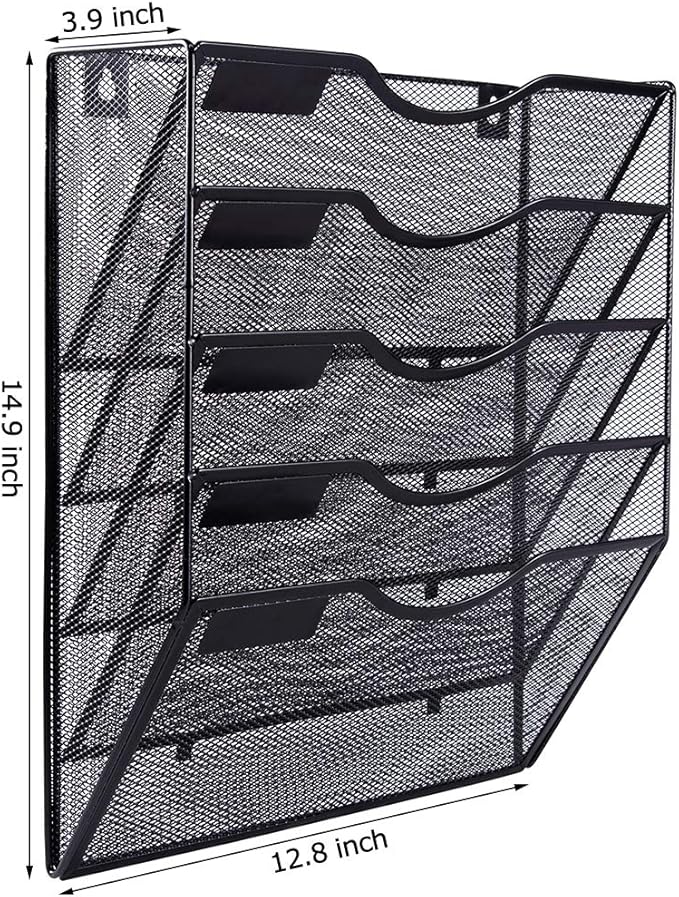 COSYAWN Wall File Holder 5 Pocket Mesh Hanging Wall Organizer Vertical Hanging File Folder Holder Magazine Rack with Nametag Label for Mail Paper Organization,Black-NeatNest