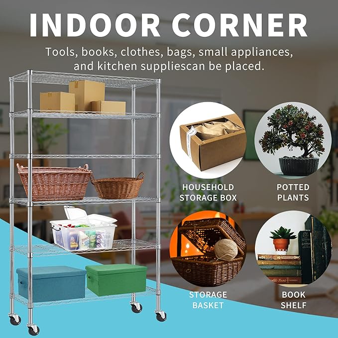 6-Tier Storage Shelf, Wire Shelving on Casters, NSF Height Adjustable Heavy Duty Metal Rack with Wheels for Office Bathroom Kitchen Garage Organization 2100 LBS Capacity-48 L×18" W×82" H-Chrome-NeatNest
