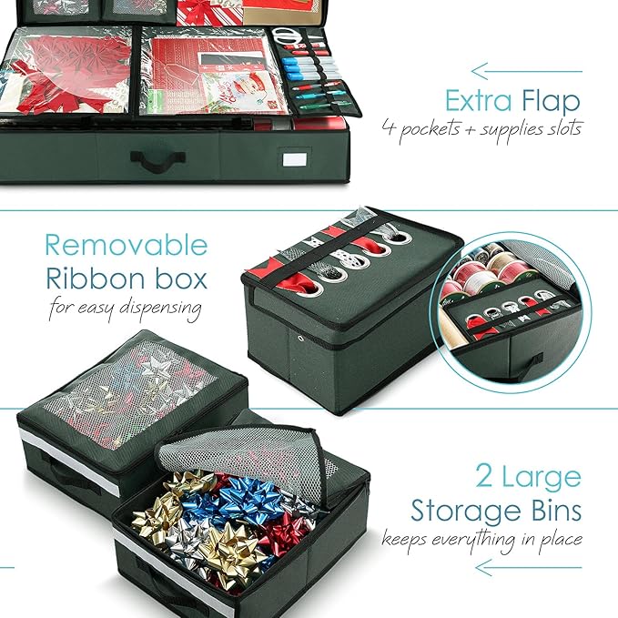 Hearth & Harbor Holiday Storage with Extra 2 PC of Christmas Storage Bins and Ribbon Storage Organizer - Fade Resistant Wrapping Paper Storage Containers with Wheels Fits Up to 30 Rolls of 40" Length-NeatNest
