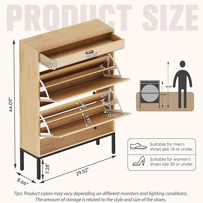 Brafab Shoe Storage Cabinet with 2 Flip Drawers&1 Small Drawer, Slim Entryway Shoe Organizer with Sun Pattern Doors for Sneakers,Light Beige-NeatNest