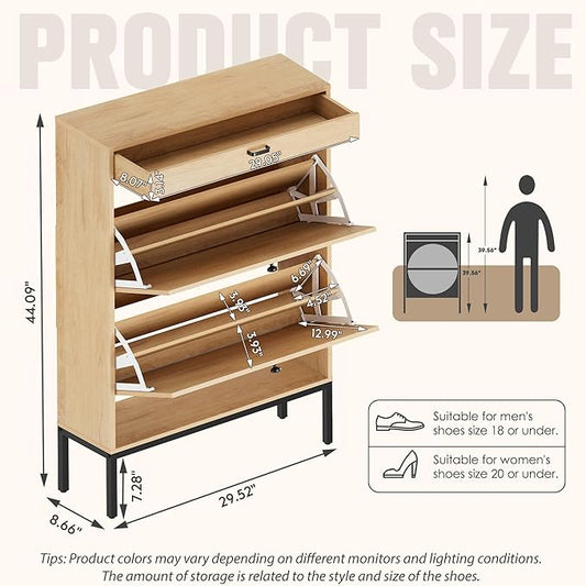 Brafab Shoe Storage Cabinet with 2 Flip Drawers&1 Small Drawer, Slim Entryway Shoe Organizer with Sun Pattern Doors for Sneakers,Light Beige-NeatNest