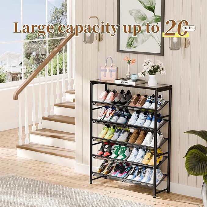 Simple Trending Shoe Rack, 6 Tier Shoe Organizer Holds 25 Pairs, Metal Shoe Storage with Adjustable Shelves, Tempered Glass, Black-NeatNest