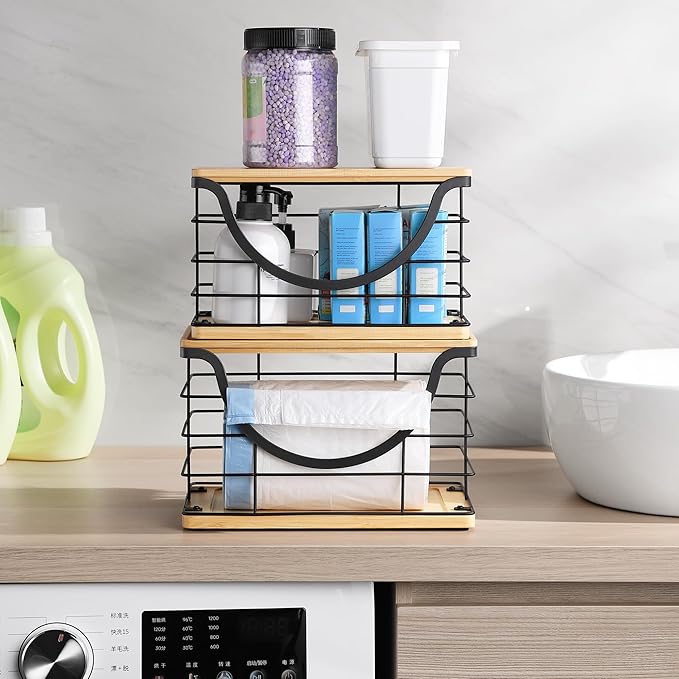 Extra Large Trash Bag Holder Stackable Kitchen Storage, 2 Pack Wall Mounted Pantry Organizers and Storage with Bamboo Top, Garbage Bag Dispenser Under Sink for Laundry Room and Kitchen-NeatNest