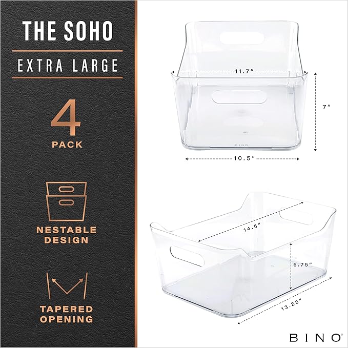 BINO | Plastic Organizer Bins, X-Large - 4 Pack | The SOHO Collection | Multi-Use Organizer Bins | Pantry & Freezer Bin | Plastic Storage Containers | Bin for Home & Kitchen Org-NeatNest