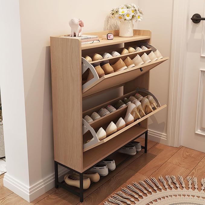 AVZEAR Narrow Shoe Storage Cabinet for Entryway with 2 Flip Drawers, Freestanding Shoe Cabinet with Natural Linen Panel, Slim Wood Shoe Organizer Closed Shoe Rack for Hallway, Foyer(Natural)-NeatNest