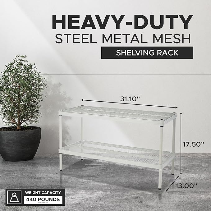 Design Ideas MeshWorks, 2-Tier Steel Shelving Rack, 440lb Capacity Per Shelf, White-NeatNest