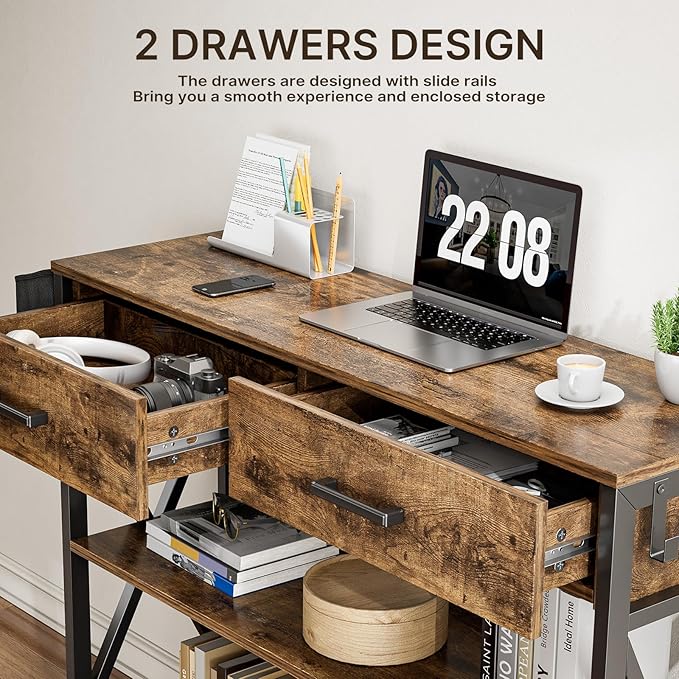 Gizoon 39" Entryway Table with 2 Drawers and 3 Tier Storage Shelves, Industrial Narrow Long Sofa Table, Farmhouse Style Console Table for Living Room, Hallway, Couch, Small Spaces - Rustic Brown-NeatNest