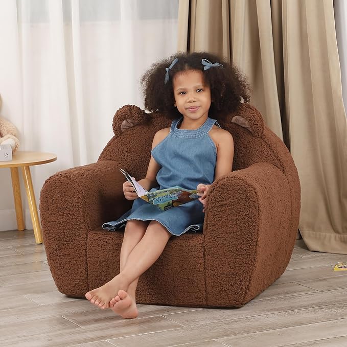 Comfy Toddler Chair, Cuddly Sherpa Teddy Bear Kids Sofa, High Back Kids Reading Chair for Boys and Girls, Brown-NeatNest