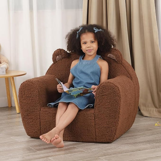 Comfy Toddler Chair, Cuddly Sherpa Teddy Bear Kids Sofa, High Back Kids Reading Chair for Boys and Girls, Brown-NeatNest