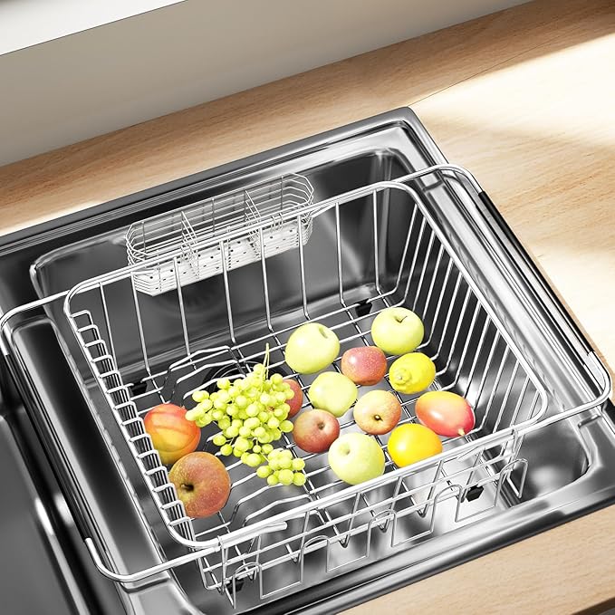 Dish Drying Rack in Sink, Extendable Stainless Steel Dish Drainers for Kitchen Counter, Anti-Rust Dish Dryer Rack with Utensil & Cup Holders, for Inside Sink, Over The Sink