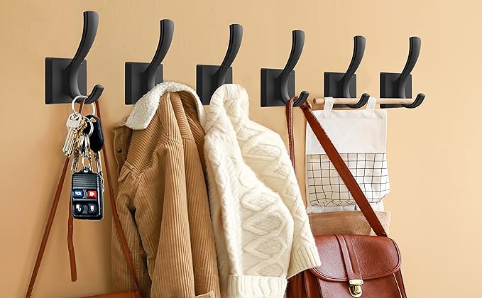 Black Towel Hooks Coat Hooks for Wall, Hand Towel Holder Robe Hook for Bathroom, Entryway Hat Hooks for Hanging Coat Towels Keys Hats (6 Pack)-NeatNest