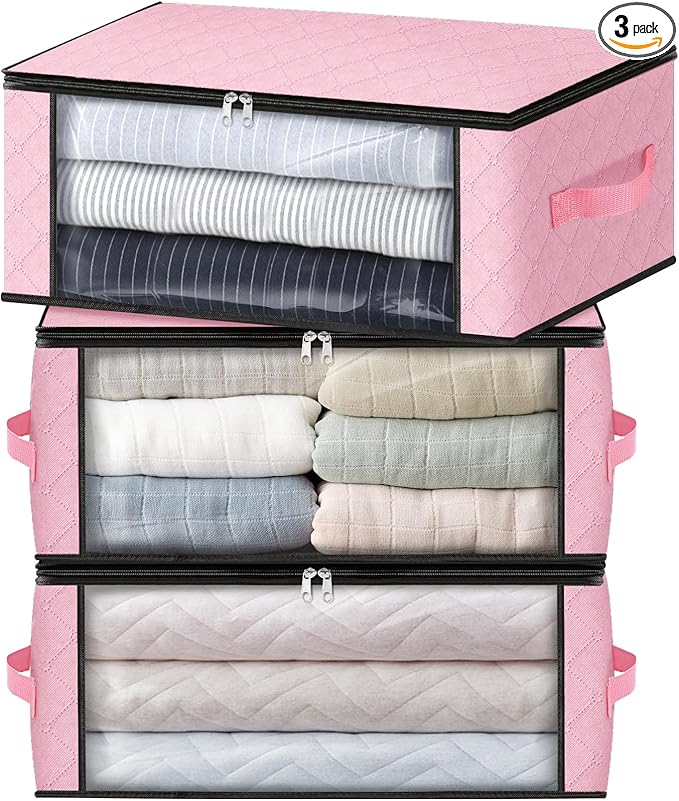HomeHacks Storage 3-Pack Clothes Organizer Storage Bags Foldable Storage Box with Large Clear Window Sturdy Handles for Closet, Dorm, Pillows, Bedding, Clothes, Blankets, 35L, Pink-NeatNest